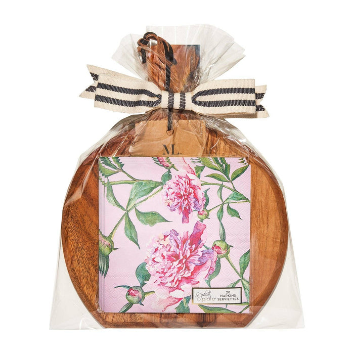 Acacia Wood Board with Pink Peonies Napkins