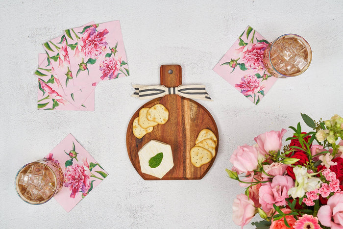 Acacia Wood Board with Pink Peonies Napkins