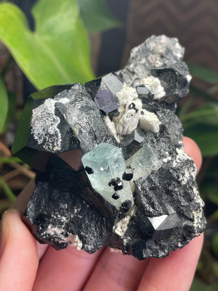 Black Tourmaline Specimen with Aquamarine and Hyalite Opal from Erongo Mountain, Erongo Region, Namibia