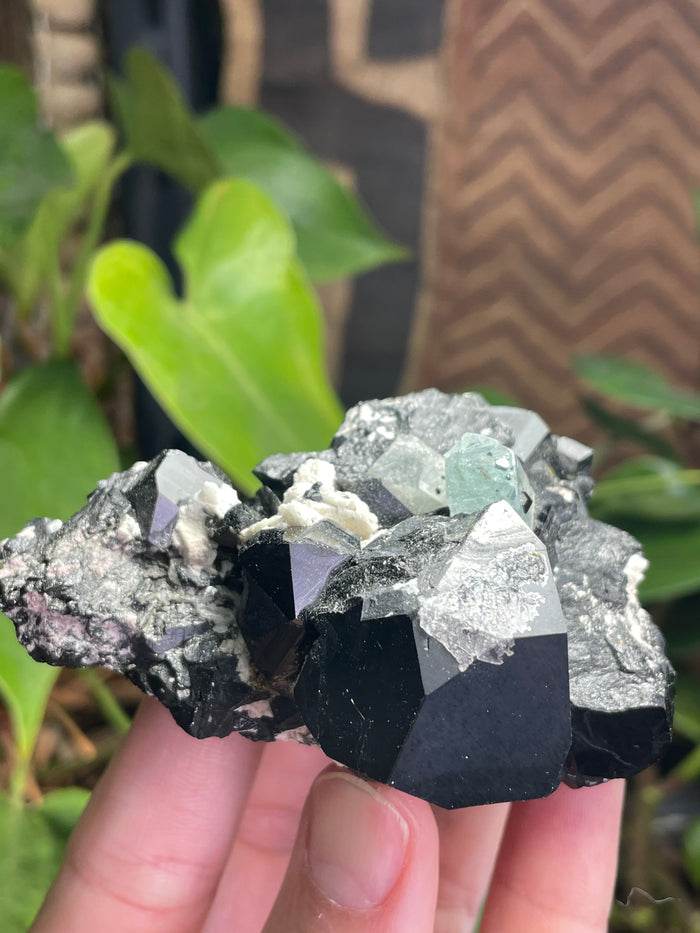Black Tourmaline Specimen with Aquamarine and Hyalite Opal from Erongo Mountain, Erongo Region, Namibia