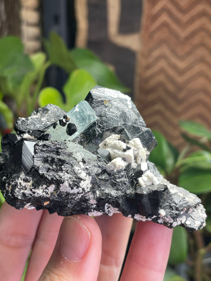 Black Tourmaline Specimen with Aquamarine and Hyalite Opal from Erongo Mountain, Erongo Region, Namibia