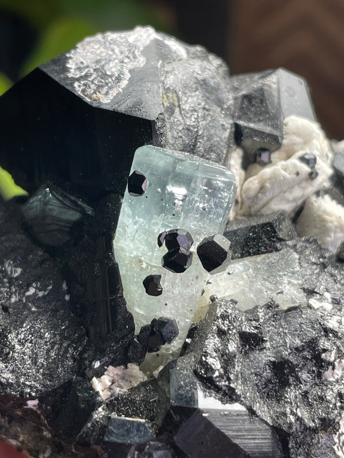 Black Tourmaline Specimen with Aquamarine and Hyalite Opal from Erongo Mountain, Erongo Region, Namibia