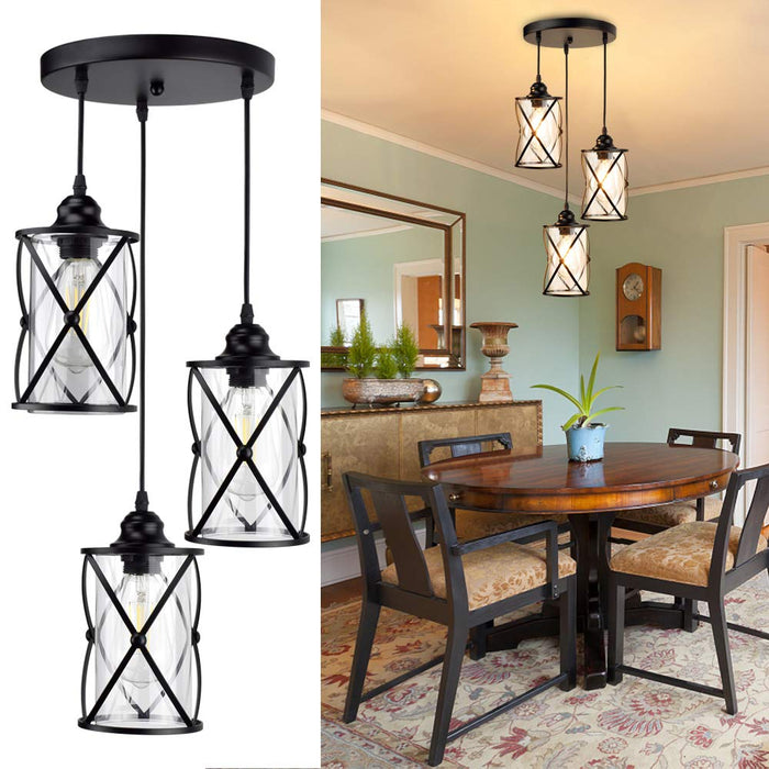 DLLT 3-Light Industrial Pendant Light, Black Metal Cage Hanging Chandelier Lights with Glass Shade, Vintage Style Flush Mount Swag Lighting Fixture for Kitchen Dining Room Hallway Bedroom - WSCL37-3B 2 | Depuley