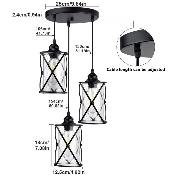 DLLT 3-Light Industrial Pendant Light, Black Metal Cage Hanging Chandelier Lights with Glass Shade, Vintage Style Flush Mount Swag Lighting Fixture for Kitchen Dining Room Hallway Bedroom - WSCL37-3B 3 | Depuley