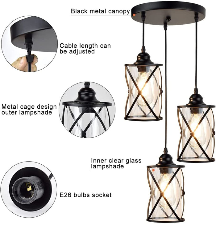 DLLT 3-Light Industrial Pendant Light, Black Metal Cage Hanging Chandelier Lights with Glass Shade, Vintage Style Flush Mount Swag Lighting Fixture for Kitchen Dining Room Hallway Bedroom - WSCL37-3B 4 | Depuley