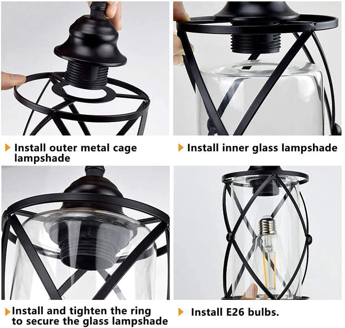 DLLT 3-Light Industrial Pendant Light, Black Metal Cage Hanging Chandelier Lights with Glass Shade, Vintage Style Flush Mount Swag Lighting Fixture for Kitchen Dining Room Hallway Bedroom - WSCL37-3B 5 | Depuley