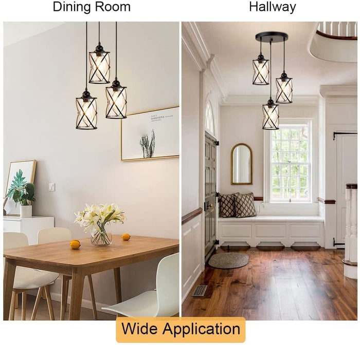 DLLT 3-Light Industrial Pendant Light, Black Metal Cage Hanging Chandelier Lights with Glass Shade, Vintage Style Flush Mount Swag Lighting Fixture for Kitchen Dining Room Hallway Bedroom - WSCL37-3B 6 | Depuley