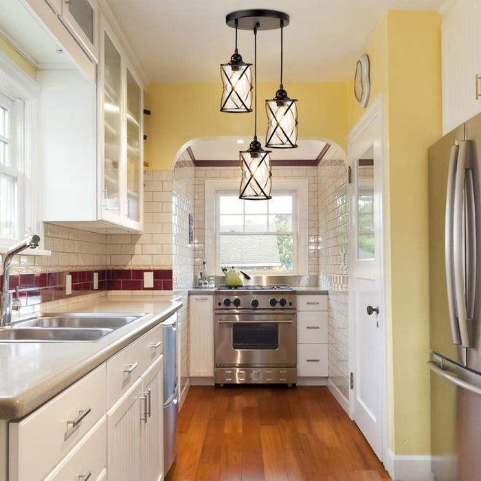 DLLT 3-Light Industrial Pendant Light, Black Metal Cage Hanging Chandelier Lights with Glass Shade, Vintage Style Flush Mount Swag Lighting Fixture for Kitchen Dining Room Hallway Bedroom - WSCL37-3B 7 | Depuley