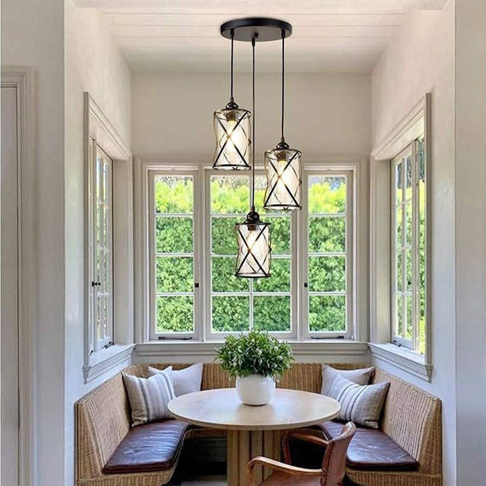 DLLT 3-Light Industrial Pendant Light, Black Metal Cage Hanging Chandelier Lights with Glass Shade, Vintage Style Flush Mount Swag Lighting Fixture for Kitchen Dining Room Hallway Bedroom - WSCL37-3B 8 | Depuley