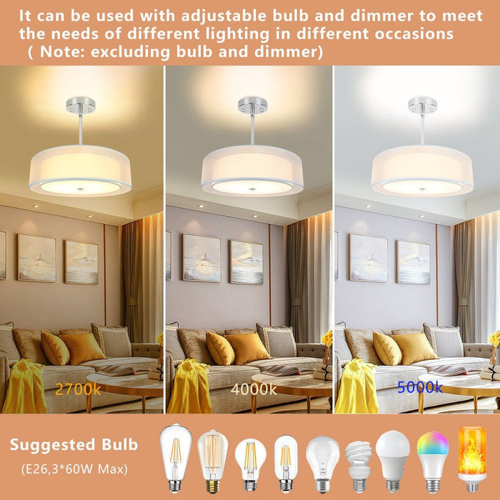 DLLT 3-Light Semi Flush Mount Ceiling Light Fixture, 20 Inch Adjustable Height Ceiling Hanging Lighting, Drum Pendant Light with Double Fabric Shade for Dining Room Living Room Bedroom Kitchen Entry Hallway - WSCL31-3W 5 | DEPULEY