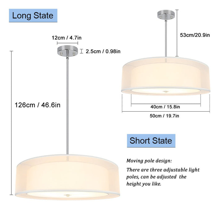 DLLT 3-Light Semi Flush Mount Ceiling Light Fixture, 20 Inch Adjustable Height Ceiling Hanging Lighting, Drum Pendant Light with Double Fabric Shade for Dining Room Living Room Bedroom Kitchen Entry Hallway - WSCL31-3W 6 | Depuley
