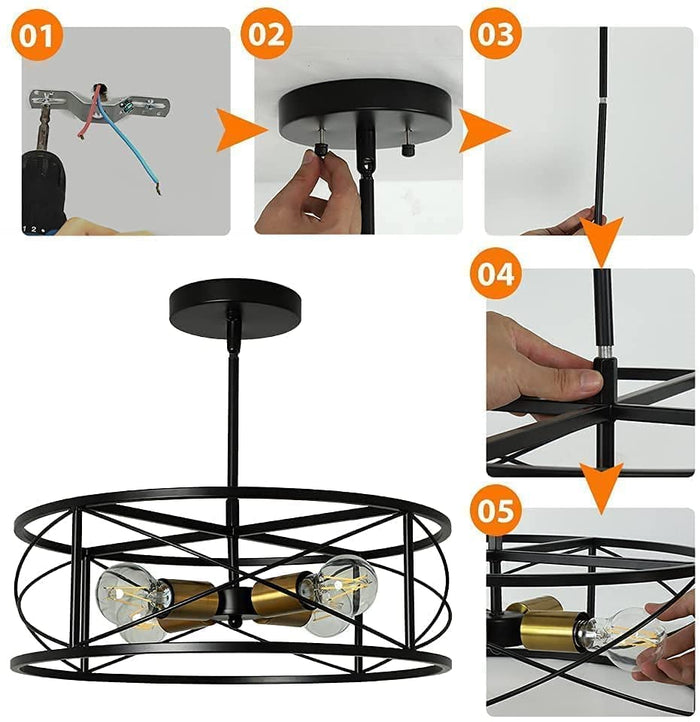 DLLT 4-Light Black Round Pendant Lighting, 18'' Industrial Metal Drum Cage Chandelier, Farmhouse Hanging Light Fixture for Dining Room, Kitchen, Living Room, Bedroom, Hallway - WS-FND63-60B 7 | Depuley