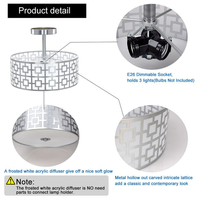 DLLT Stylish Semi Flush Mount Ceiling Lights, Iron Round Drum Cover Pendant lamp, Chandelier Lighting with 3 Bulb Socket in Chrome Finish for Bedroom Hallway Kitchen Entry Foyer Living Dining Room - WSCL30-S 8 | Depuley