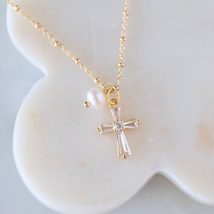 Gold Cross Necklace with Pearl