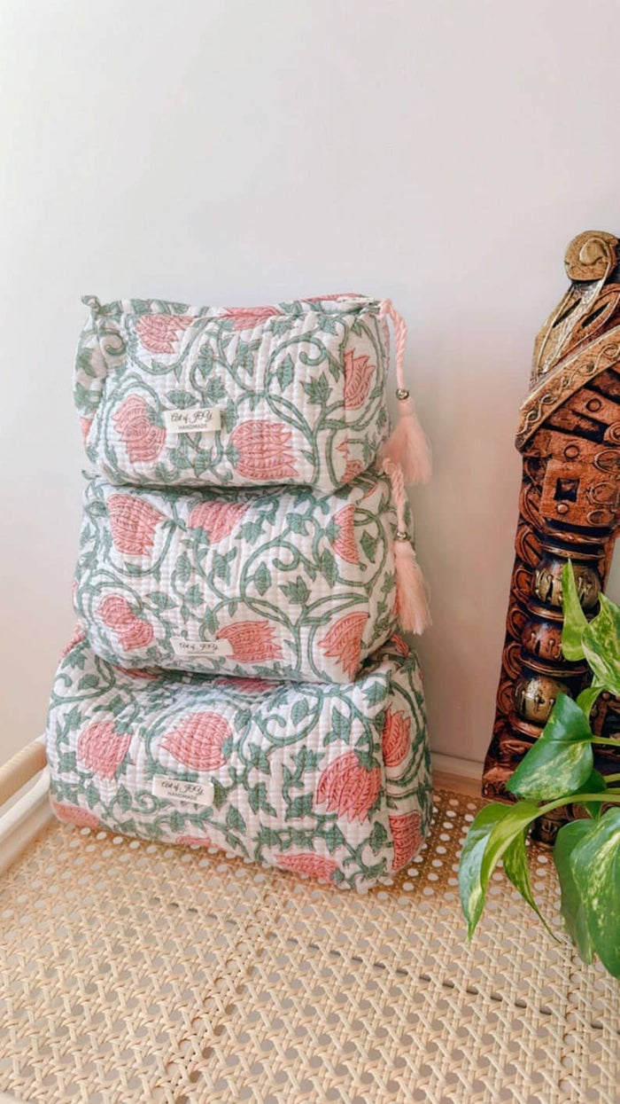 Hand Block Printed Cotton Toiletry Bags ~ 3 Sizes