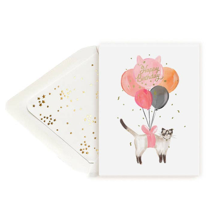 The First Snow Happy Birthday Cat Balloons Card