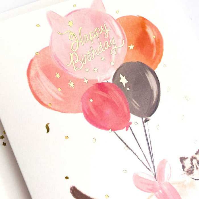 The First Snow Happy Birthday Cat Balloons Card